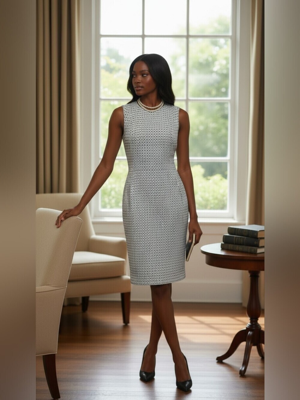Calvin Klein Black White Geometric Sheath Dress Sleeveless Petite 4P Office